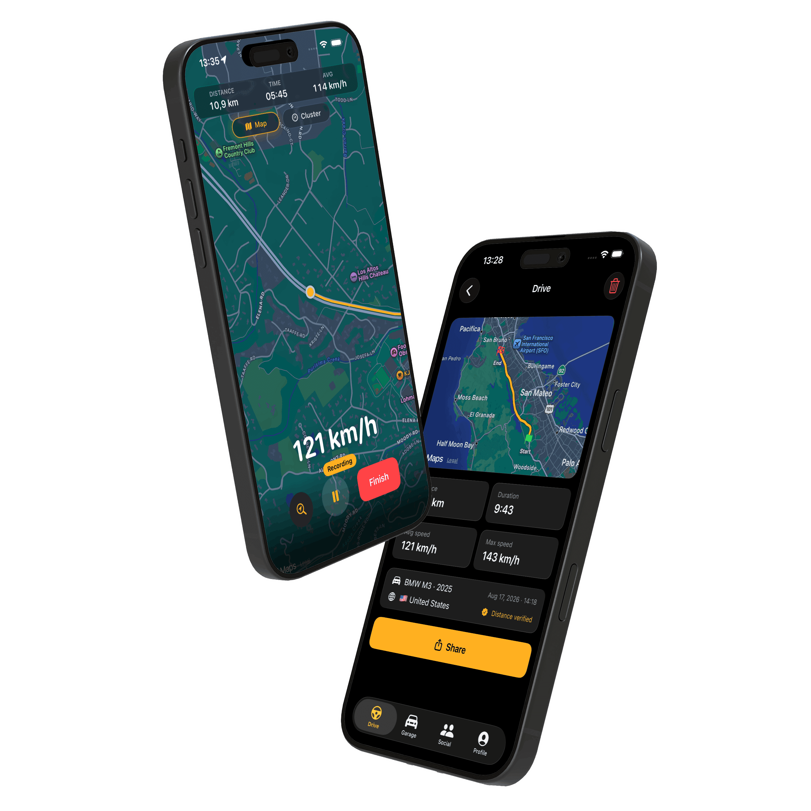DriveTrace on two phones: live GPS recording and a completed drive summary